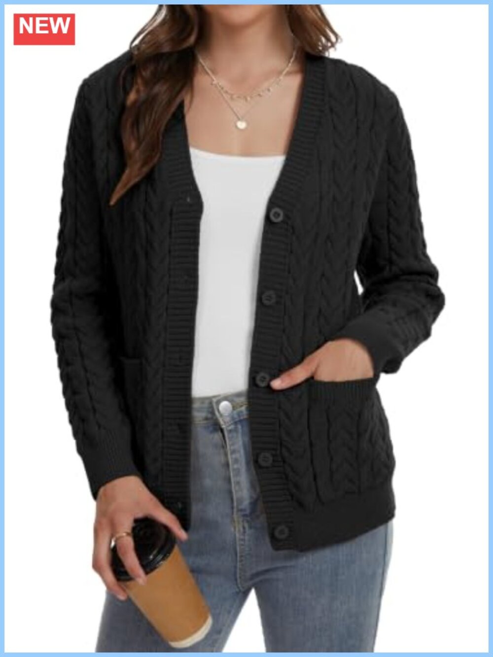 Women's Cable Knit Button Up Open Front Cardigan Sweater with Pockets